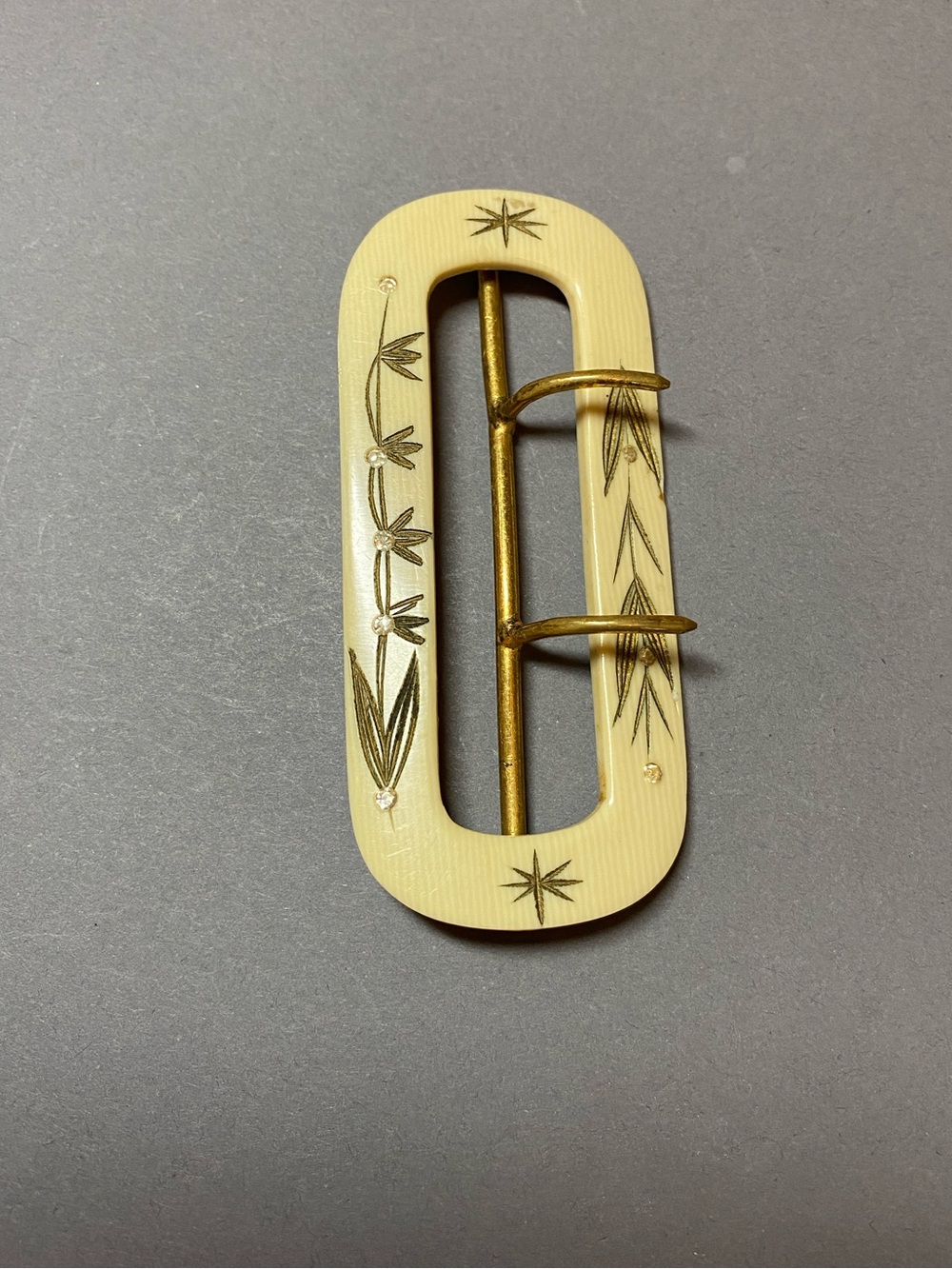 Antique vintage carved celluloid rhinestone belt buckle